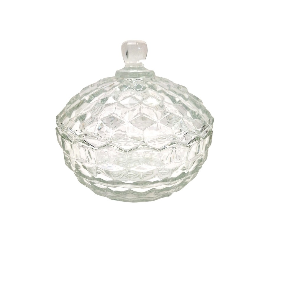 Vintage Clear Pressed Glass Candy Dish with Lid Diamond Point Trinket Jar